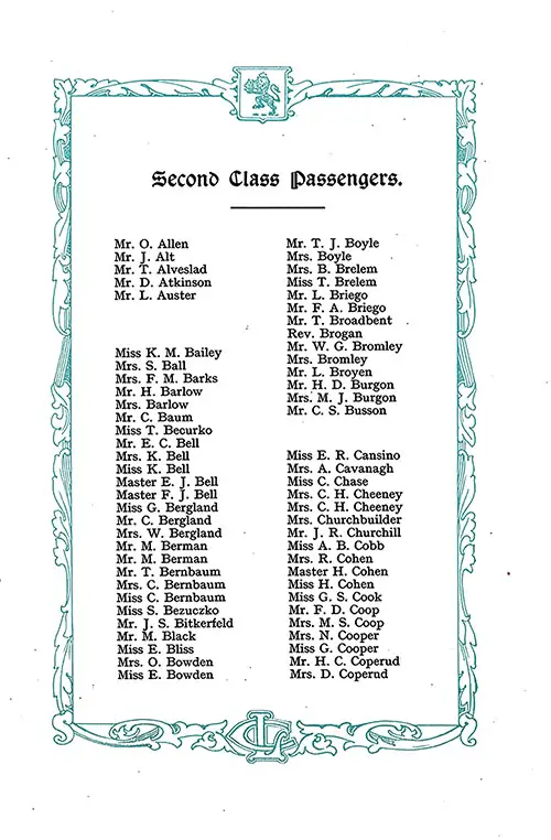 List of Second Class Passengers, Part 1 (Mr. O. Allen-Mrs. D. Coperud). RMS Aquitania Saloon and Second Class Passenger List, 12 August 1922.