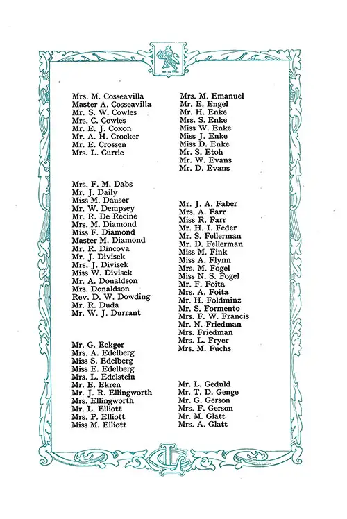 List of Second Class Passengers, Part 2 (Mrs. M. Cosseavilla-Mrs. A. Glatt). RMS Aquitania Saloon and Second Class Passenger List, 12 August 1922.
