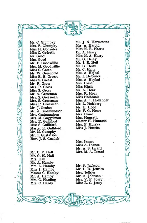 List of Second Class Passengers, Part 3 (Mr. C. Glumpky-Miss E. C. Josey). RMS Aquitania Saloon and Second Class Passenger List, 12 August 1922.