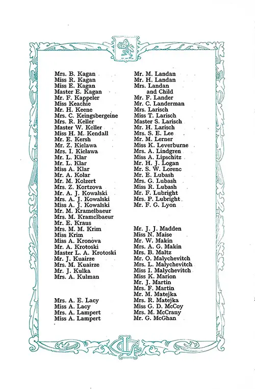 List of Second Class Passengers, Part 4 (Mrs. B. Kagan-Mr. G. McGhan). RMS Aquitania Saloon and Second Class Passenger List, 12 August 1922.