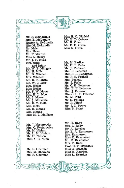 List of Second Class Passengers, Part 5 (Mr. F. McKechnie-Miss L. Reardon). RMS Aquitania Saloon and Second Class Passenger List, 12 August 1922.