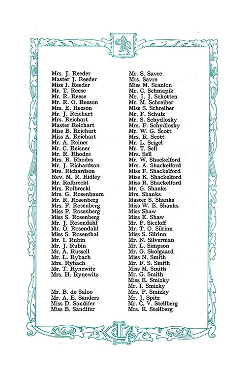 List of Second Class Passengers, Part 6 (Mrs. J. Reeder-Mrs. E. Stellberg). RMS Aquitania Saloon and Second Class Passenger List, 12 August 1922.