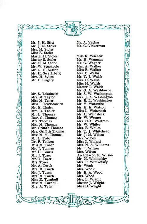 List of Second Class Passengers, Part 7 (Mr. J. H. Stitt-Miss D. Wright). RMS Aquitania Saloon and Second Class Passenger List, 12 August 1922.