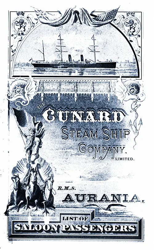 Front Cover of a Saloon Passenger List for the RMS Aurania of the Cunard Line, Departing Saturday, 26 March 1887 from Liverpool to New York