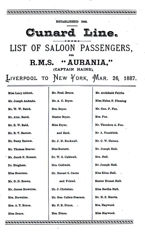 Title Page, List of Passengers, Part 1 (Miss Lucy Abbott-Miss Haywood). RMS Aurania Saloon Passenger List, 26 March 1887.