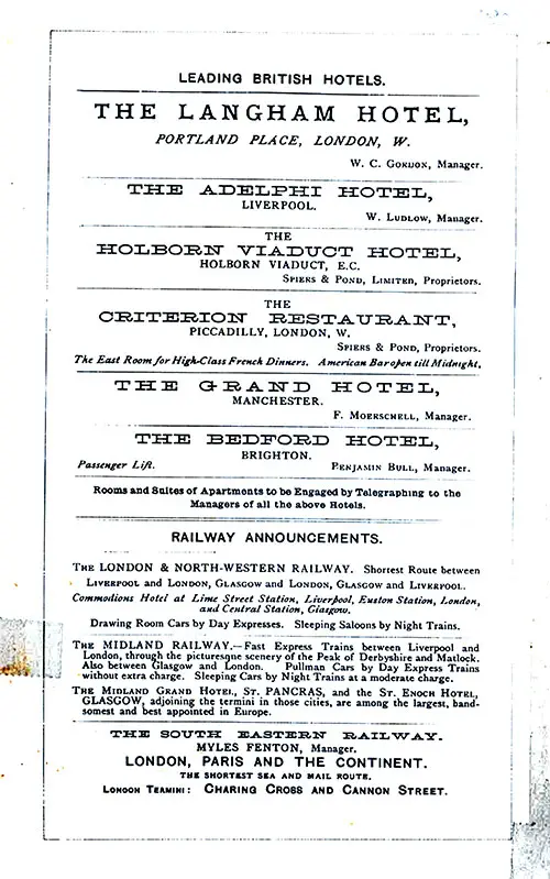 Back Cover: Leading British Hotels & Railway Announcements. RMS Aurania Saloon Passenger List, 26 March 1887.