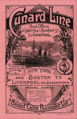 GGA Image ID # 2381820308 Front Cover of a Second Class Passenger List from the RMS Lucania of the Cunard Line, Departing 4 July 1896 from New York to Liverpool.