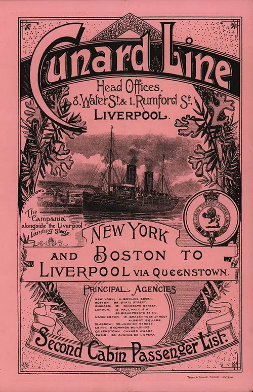 GGA Image ID # 2381820308 Front Cover of a Second Class Passenger List from the RMS Lucania of the Cunard Line, Departing 4 July 1896 from New York to Liverpool.