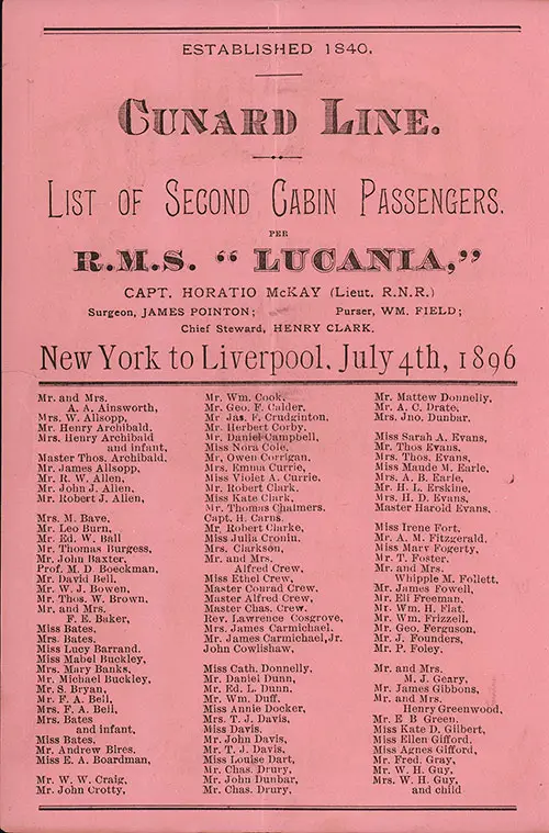 Title Page and List of Second Class Passengers, Part 1 of 2, RMS Lucania Second Class Passenger List, 4 July 1896.