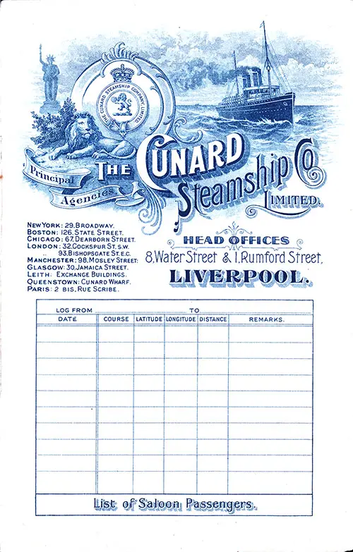 Front Cover of a Saloon Passenger List for the RMS Saxonia of the Cunard Line, Departing Tuesday, 25 October 1904 from Liverpool to Boston.