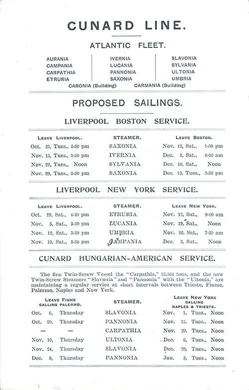 Cunard Sailing Schedules, Liverpool-Boston Service, Liverpool-New York Serivce, and Hungarian-American Service, from 6 October 1904 to 3 January 1905.