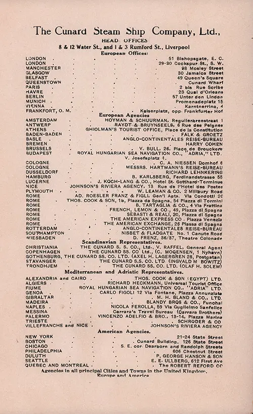 Cunard Agents and Agencies, 1912.