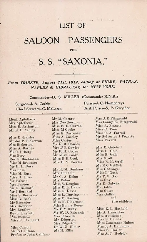Saloon Passengers. SS Saxonia Saloon Passenger List, 21 August 1912.