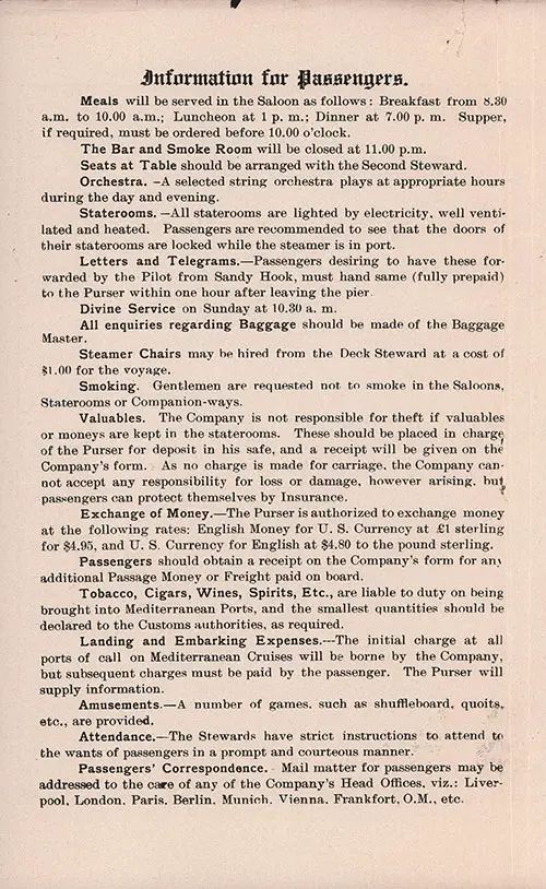 Information for Saloon Passengers, 1912.
