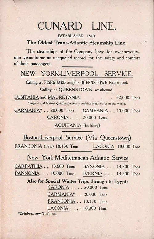 Cunard Transatlantic Services, 1912.