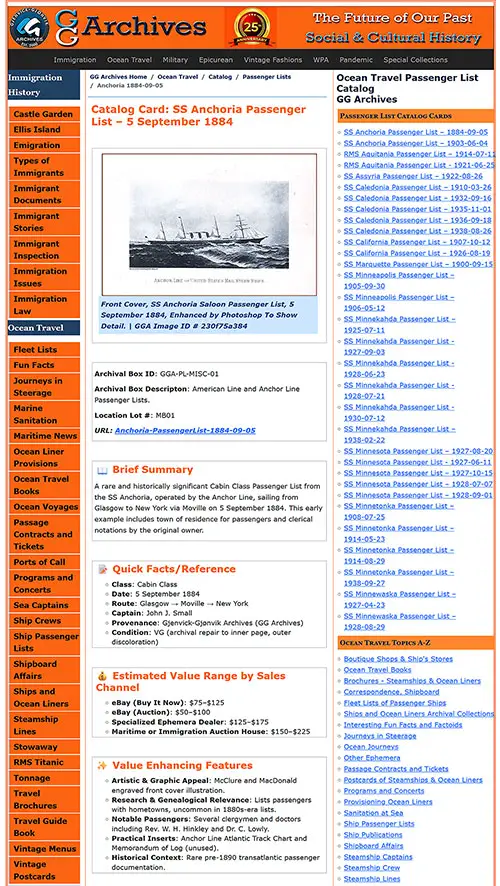 Partial Sample of Catalog Card for a Passenger List.