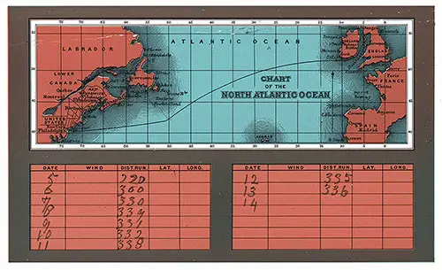 Back Cover With Track Chart and Memorandum of Log Filed in With Daily Nautical Miles Covered During Journey. SS City of Chicago Saloon Class Passenger List, 4 June 1887.