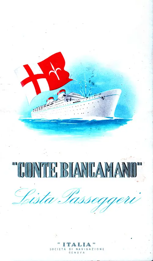 Front Cover, SS Conte Biancamano First Class Passenger List, Departing 26 May 1950 from New York to Genoa via Lisbon, Gibraltar, and Naples.
