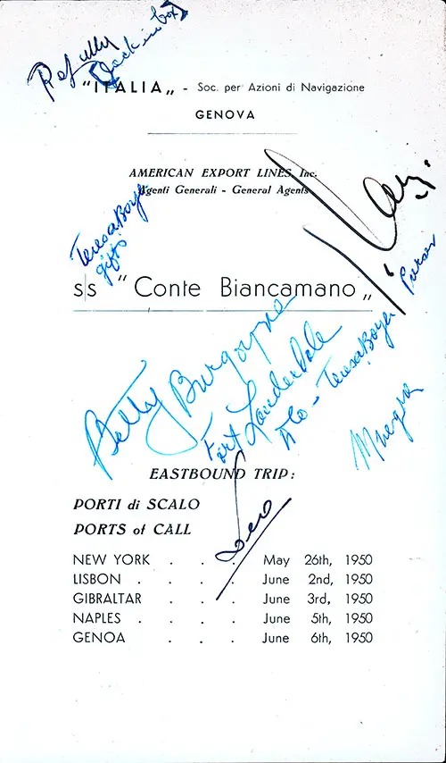 Title Page, Annotated with Autographs and Home Towns. SS Conte Biancamano First Class Passenger List, 26 May 1950.