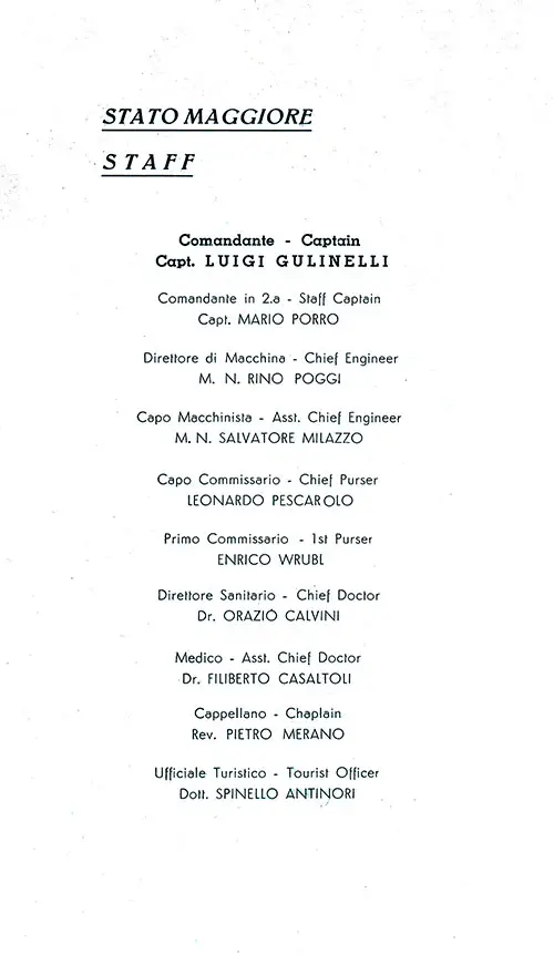 Listing of Senior Officers and Staff, Part 1, SS Conte Biancamano First Class Passenger List, 26 May 1950.