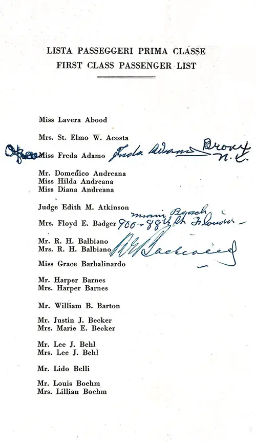 Annotated List of Passengers, Part 1 (Abood-Boehm), SS Conte Biancamano First Class Passenger List, 26 May 1950.
