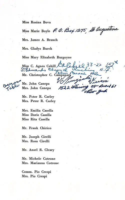 Annotated List of Passengers, Part 2 (Bova-Crespi), SS Conte Biancamano First Class Passenger List, 26 May 1950.