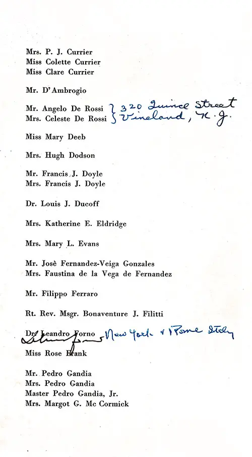 Annotated List of Passengers, Part 3 (Currier-G. McCormick), SS Conte Biancamano First Class Passenger List, 26 May 1950.