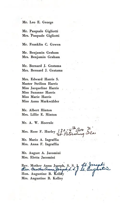 Annotated List of Passengers, Part 4 (George-Kelly + Markwälder), SS Conte Biancamano First Class Passenger List, 26 May 1950.