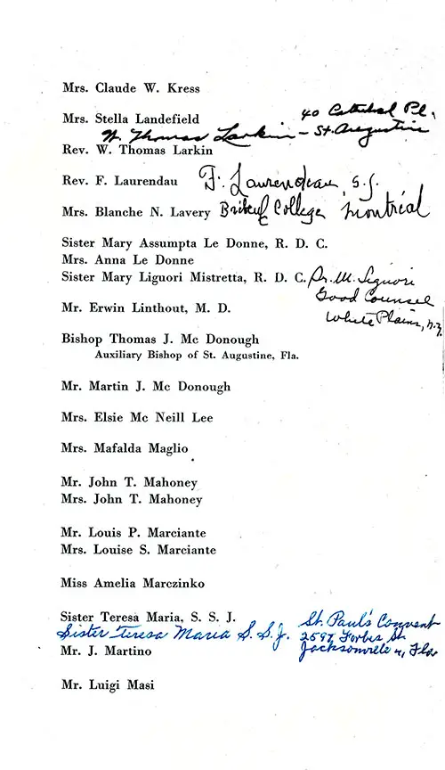 Annotated List of Passengers, Part 5 (Kress-Masi), SS Conte Biancamano First Class Passenger List, 26 May 1950.