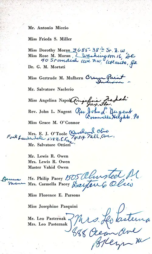 Annotated List of Passengers, Part 6 (Miccio-Pasternak), SS Conte Biancamano First Class Passenger List, 26 May 1950.