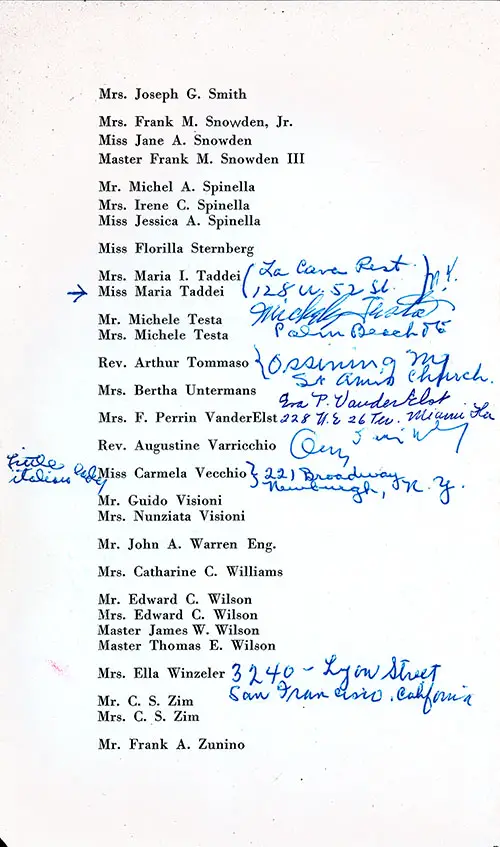 Annotated List of Passengers, Part 8 (Smith-Zunio), SS Conte Biancamano First Class Passenger List, 26 May 1950.