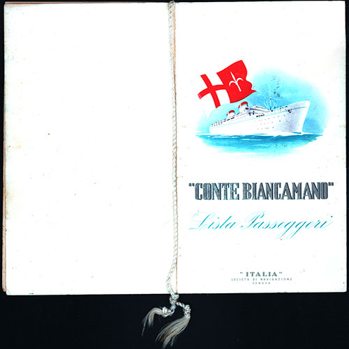 Covers Showing the Exposed Spine Binding of String, SS Conte Biancamano First Class Passenger List, 26 May 1950.