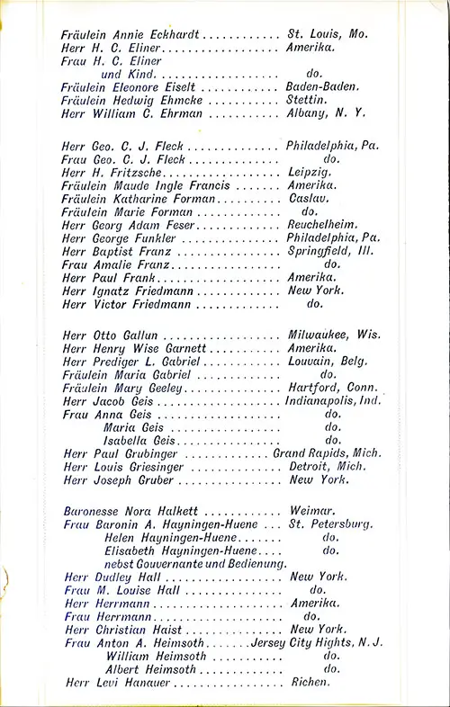 List of Passengers, Part 2 of 5, SS Havel Cabin Passenger List, 30 June 1896.