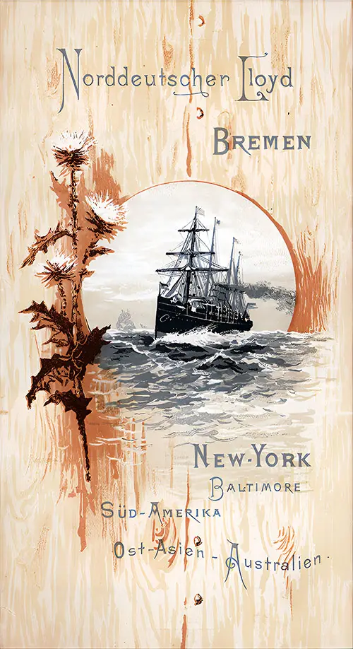 Front Cover, Cabin Passenger List for the SS Werra for the North German Lloyd, Departing on Saturday, 3 May 1890 from Bremen to New York.