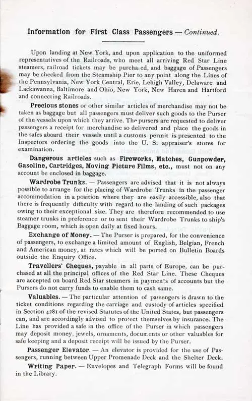 Information for First Class Passengers, Part 2 (Landing at New York (Continued), Precious Stones, Dangerous Articles, Wardrobe Trunks, Exchange of Money, Travelers’ Cheques, Valuables, Passenger Elevator, and Writing Paper).