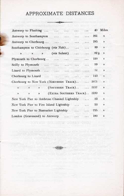 Table of Approximate Distances, SS Lapland Cabin Class Passenger List, 8 August 1923.