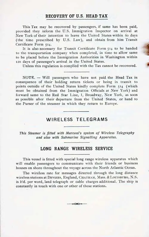 Recovery of U.S. Head Tax, Wireless Telegrams, and Long Range Wireless Service. SS Lapland Cabin Class Passenger List, 8 August 1923.