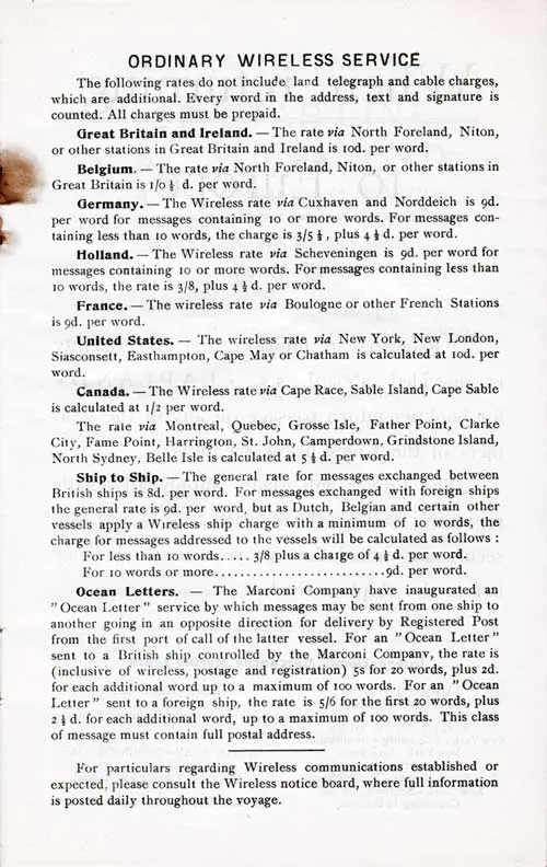 Ordinary Wireless Service, Ocean Letters, and Wireless Communications. SS Lapland Cabin Class Passenger List, 8 August 1923.