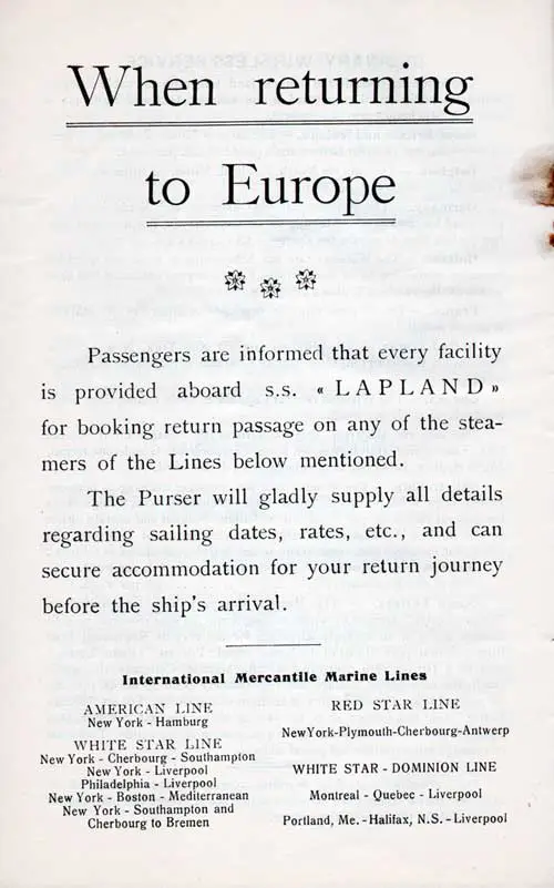 When Returning to Europe and the International Mercantile Marine Lines (IMM). SS Lapland Cabin Class Passenger List, 8 August 1923.