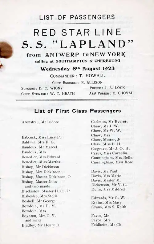 Title Page, Listing of Senior Officers and Staff, List of First Class Passengers, Part 1 (Isidore-Feldheim).