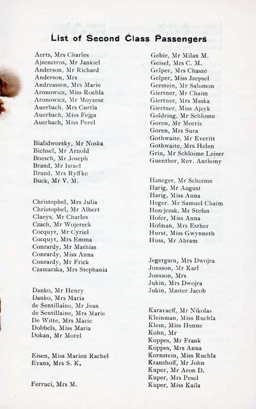 List of Second Class Passengers, Part 1 (Aerts-Kuper). SS Lapland Cabin Class Passenger List, 8 August 1923.