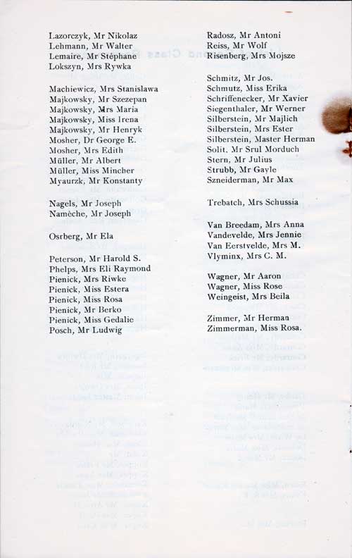 List of Second Class Passengers, Part 2 (Lazorczyk-Zimmerman). SS Lapland Cabin Class Passenger List, 8 August 1923.