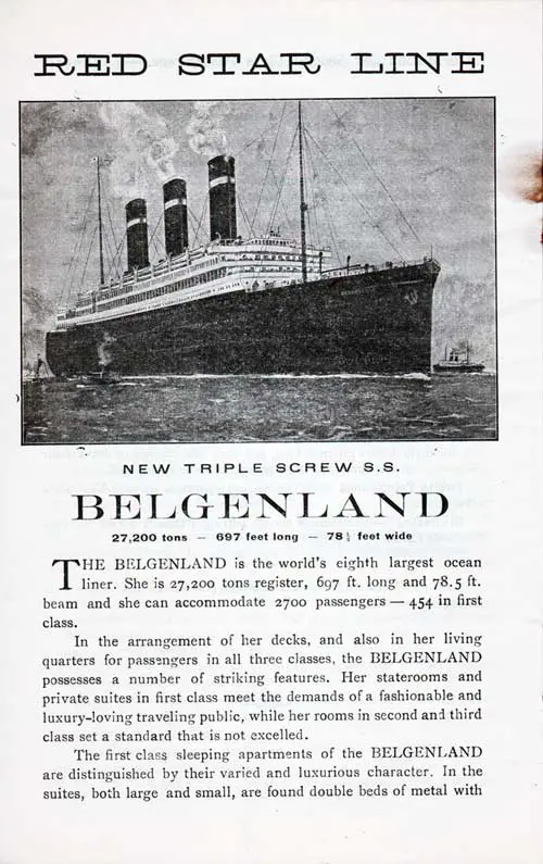 Red Star Line New Triple Screw SS Belgenland [Promotional Article], Part 1.