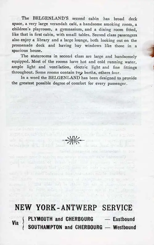 Red Star Line New Triple Screw SS Belgenland [Promotional Article], Part 3 and New York-Antwerp Service. SS Lapland Cabin Class Passenger List, 8 August 1923.