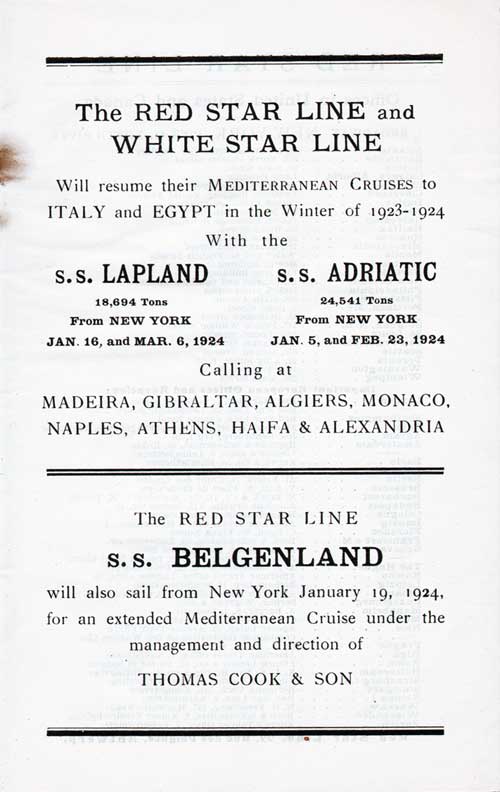 Advertisement: Mediterranean Cruises on the SS Lapland, SS Adriatic, and SS Belgenland (1923-1924).