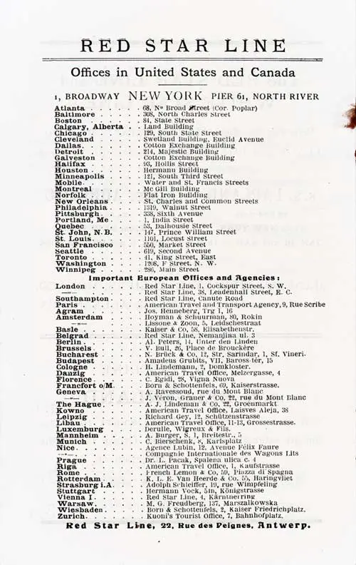 Red Star Line Offices and Agencies. SS Lapland Cabin Class Passenger List, 8 August 1923.