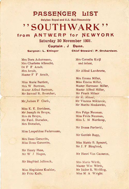 List of Cabin Passengers and Senior Officers, RMS Southwark Cabin Class Passenger List, 30 November 1901.