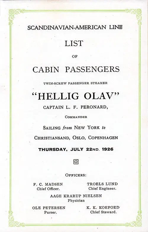 Title Page Including List of Senior Officers and Staff. SS Hellig Olav Cabin Class Passenger List, 22 July 1926.