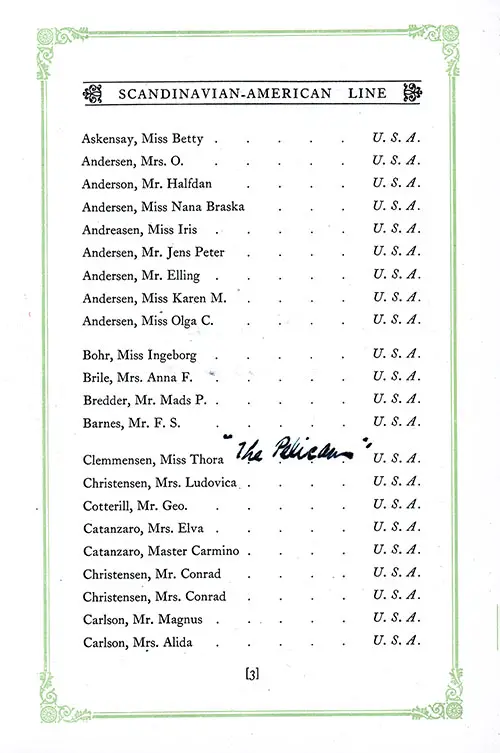Annotated List of Cabin Passengers, Part 1 (Askensay-Carlson), SS Hellig Olav Cabin Class Passenger List, 22 July 1926.