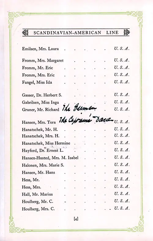 Annotated List of Cabin Passengers, Part 2 (Emilsen-Houlberg), SS Hellig Olav Cabin Class Passenger List, 22 July 1926.